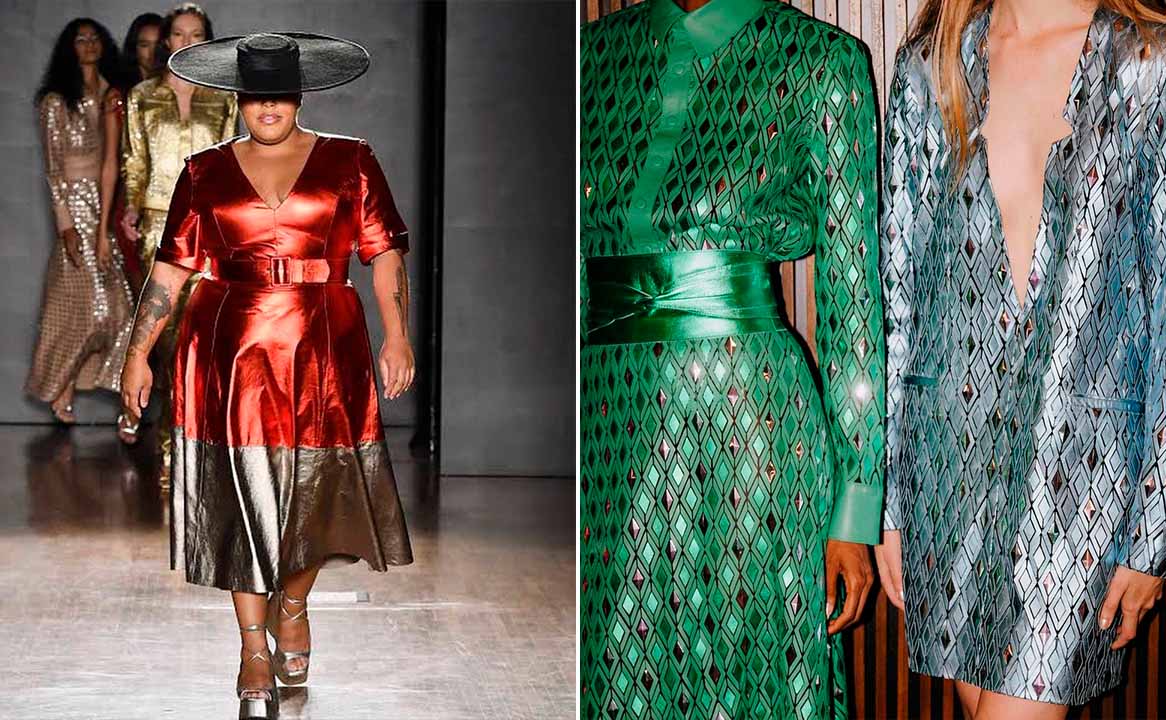 Montagem de duas fotos do desfile de Patrícia Vieira com vestidos em couro.