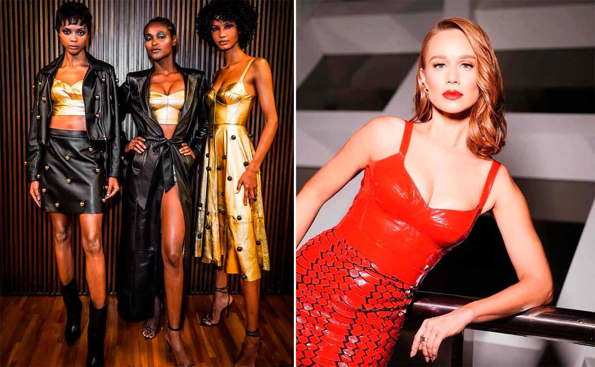 Montagem de duas fotos de mulheres vestindo vestidos de couro, jaquetas de couro e saias de couro da Patrícia Vieira.