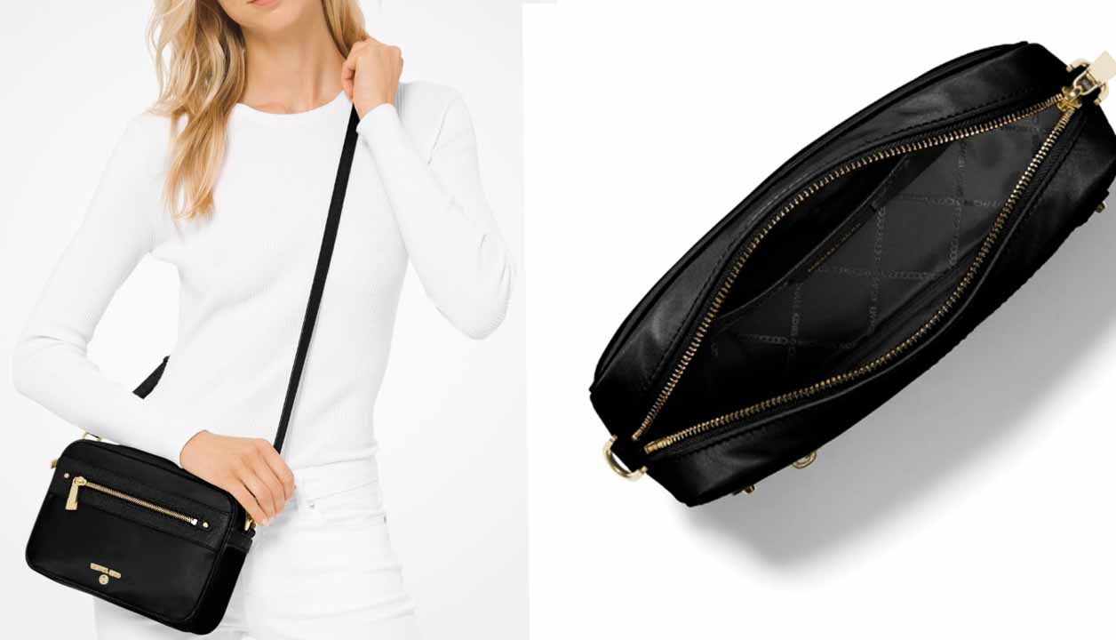 Montagem de duas fotos da bolsa mais barata da Michael Kors no Brasil.