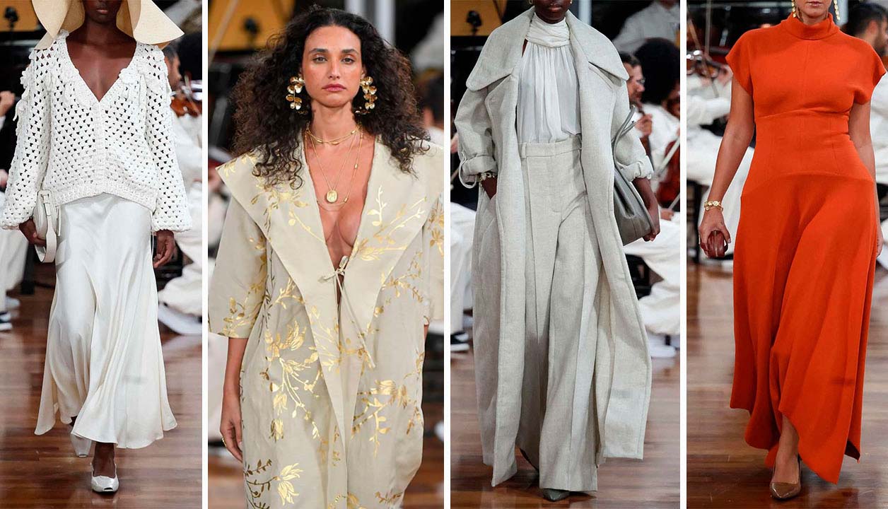Montagem de quatro fotos do desfile da marca Aluf, um dos destaques da SPFW 57.