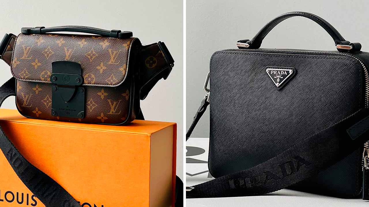 Montagem de fotos de bolsas que estão entre os acessórios masculinos de luxo na super sale.