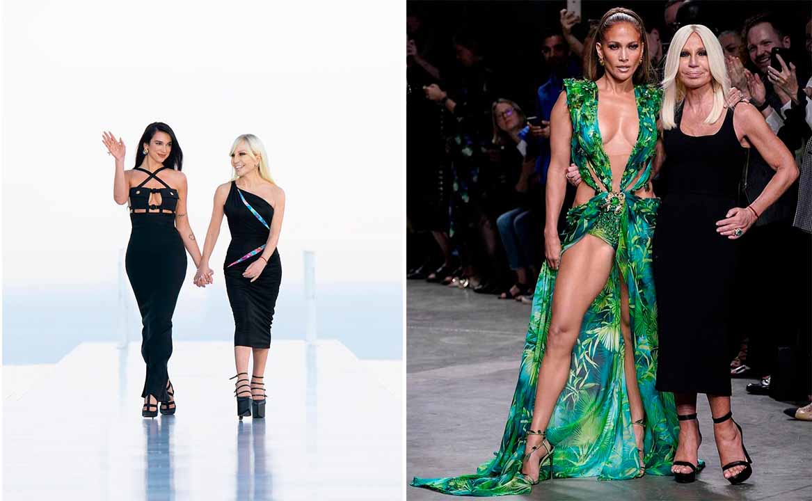 Montagem de fotos da cantora Dua Lipa, Jeniffer Lopes e Donatela Versace.