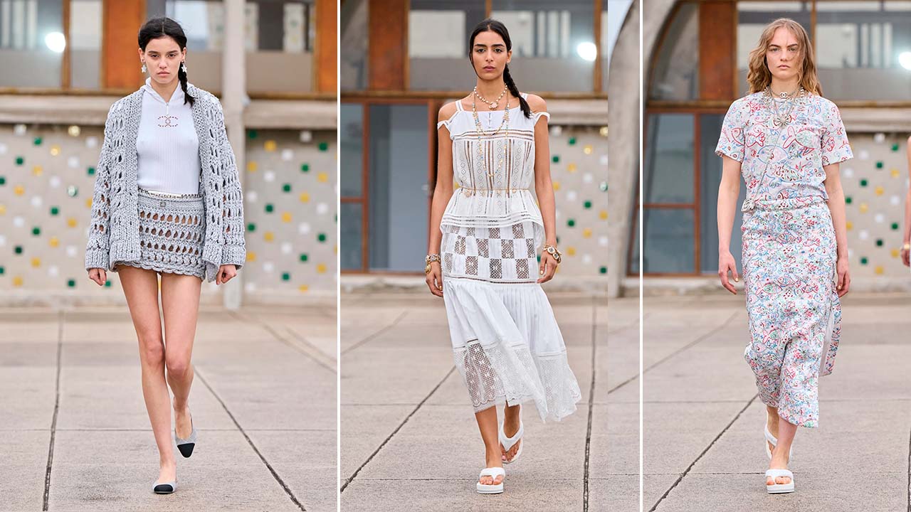 Montagem de três fotos do Desfile Chanel Cruise 2024/25.