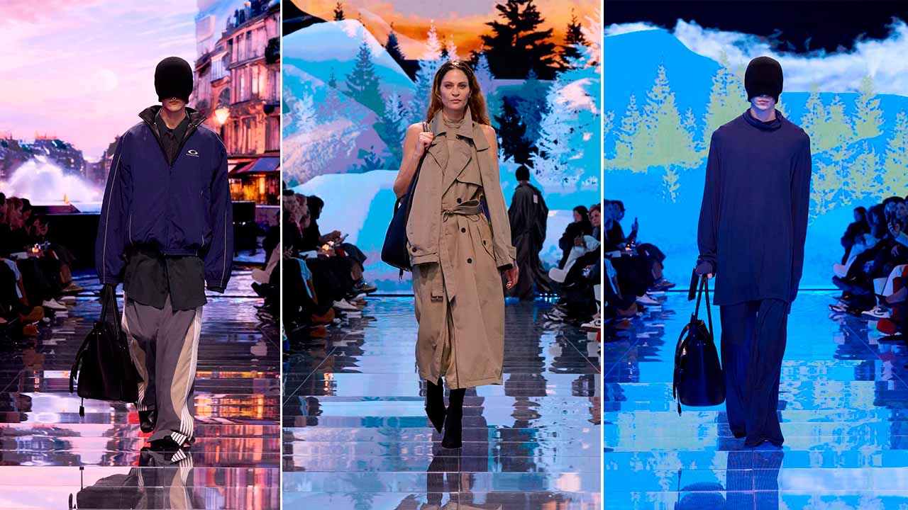 Montagem de fotos de um desfile do atual estilista da Balenciaga, Demna Gvasalia, o nome quem está por trás da grife de luxo.