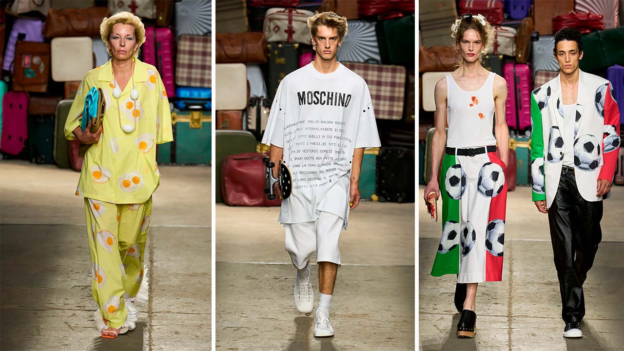 Montagem de três fotos do Desfile Masculino da Moschino Verão 2025 na Semana de Moda de Milão.