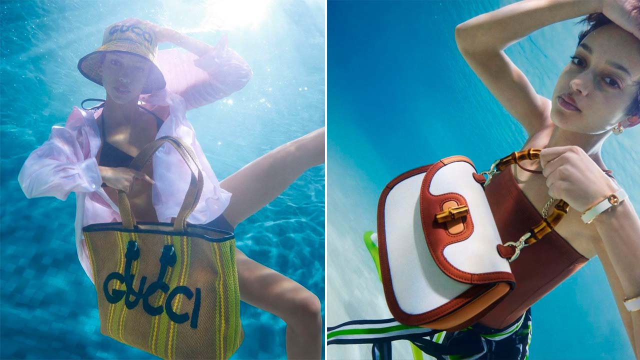Montagem de fotos da coleção da Gucci Lido que está nas lojas em Saint-Tropez.