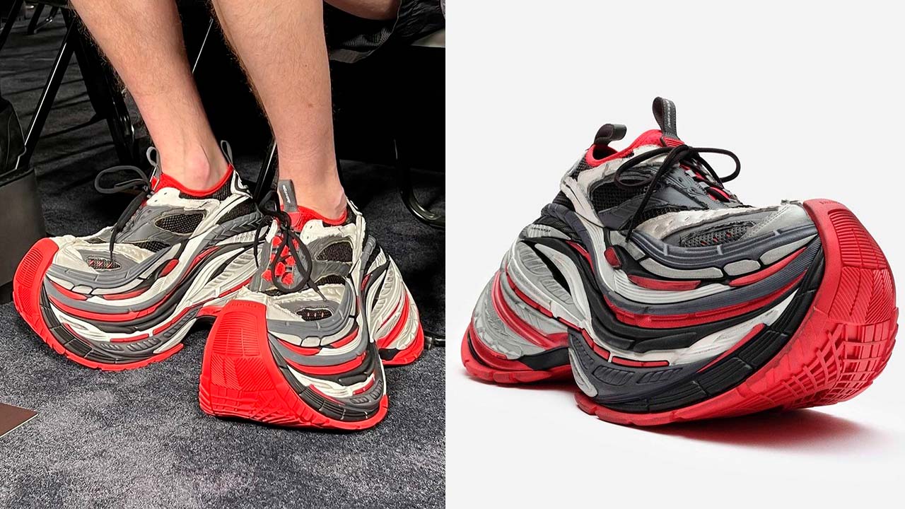 Montagem do novo tênis Balenciaga com plataforma enorme.