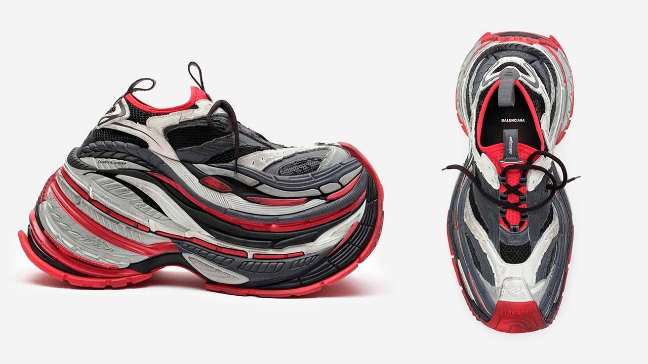 Montagem de duas fotos com o novo tênis da Balenciaga Plataform Sneaker.