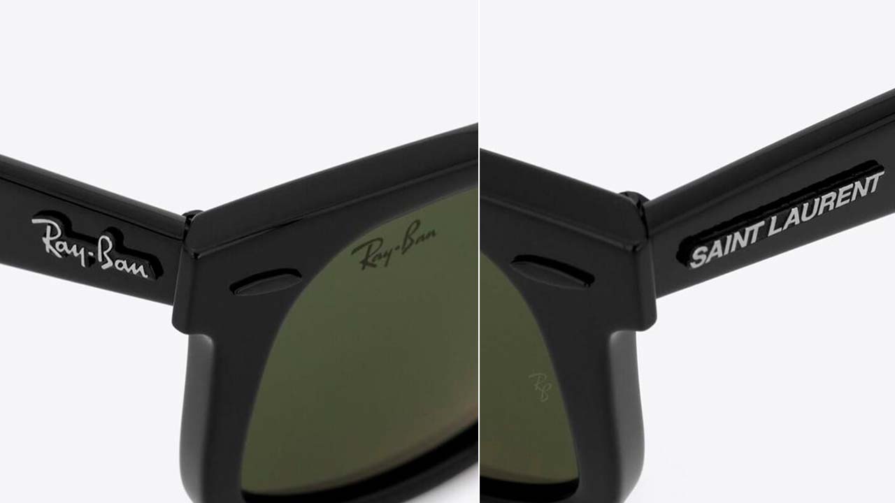Montagem de fotos do óculos Wayfarer da collab Saint Laurent X Ray-Ban.