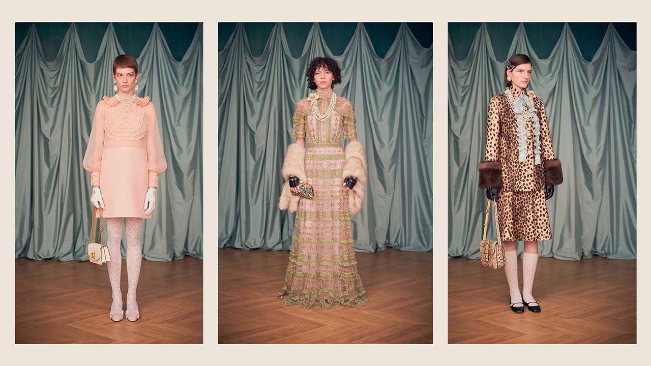 Montagem de fotos da primeira coleção Valentino por Alessandro Michele Resort 2025.