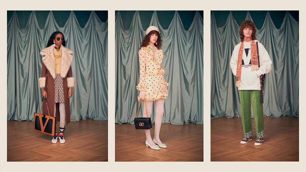 Montagem de fotos da primeira coleção Valentino por Alessandro Michele Resort 2025.