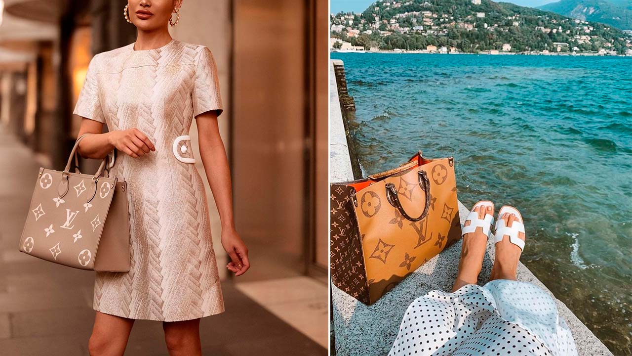 Momntagem de fotos da bolsa louis vuitton onthego, uma das tote bags para trabalhar e viajar.