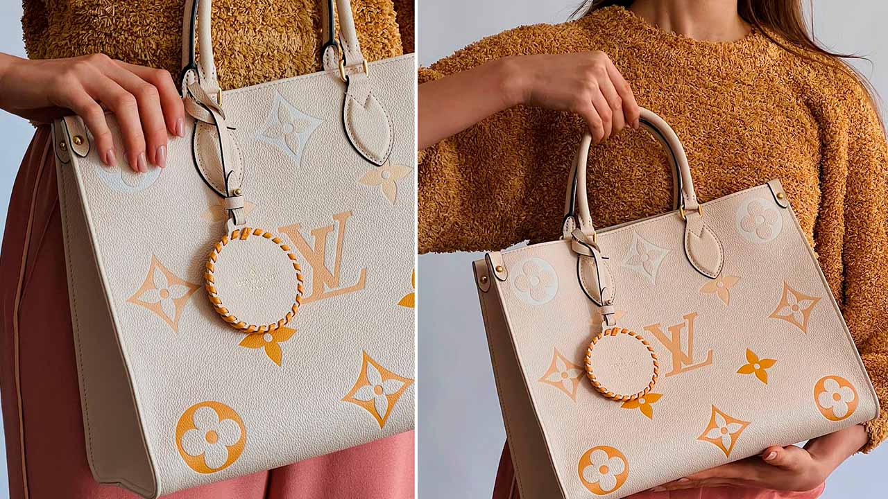 Montagem de fotos de bolsas LV OnTheGo, uma tote bag famosa.