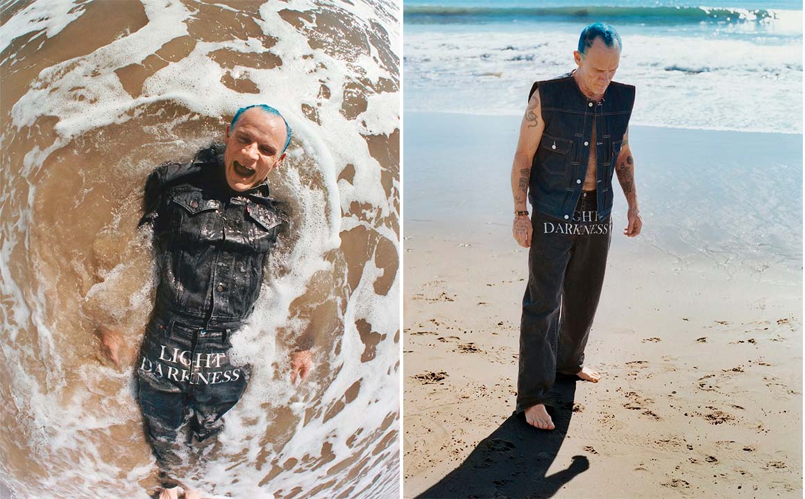 Montagem de fotos de Flea, do grupo Red Hot Chili Peppers estrelando a nova collab da Levis.