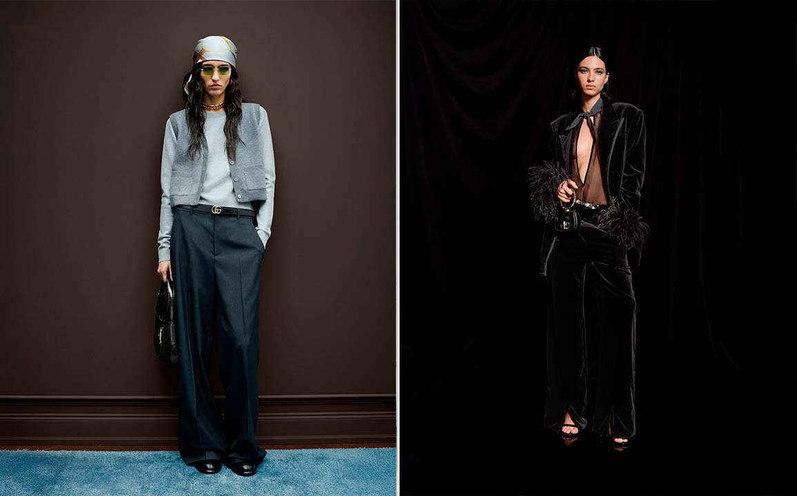 Montagem de fotos de modelos usando looks da Gucci uma das marcas clássicas de roupas femininas de luxo.