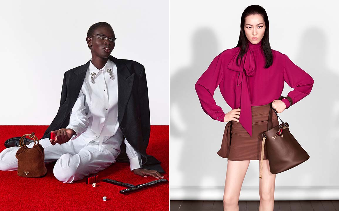 Montagem de fotos da Prada umas das marcas clássicas de roupas femininas de luxo.