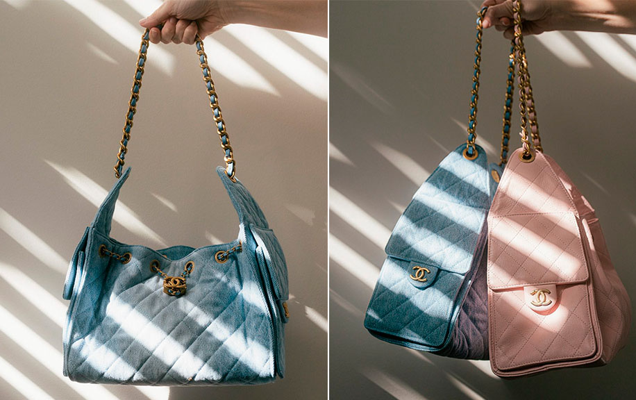 Montagem de fotos da bolsa chanel 25 em denim, jeans.