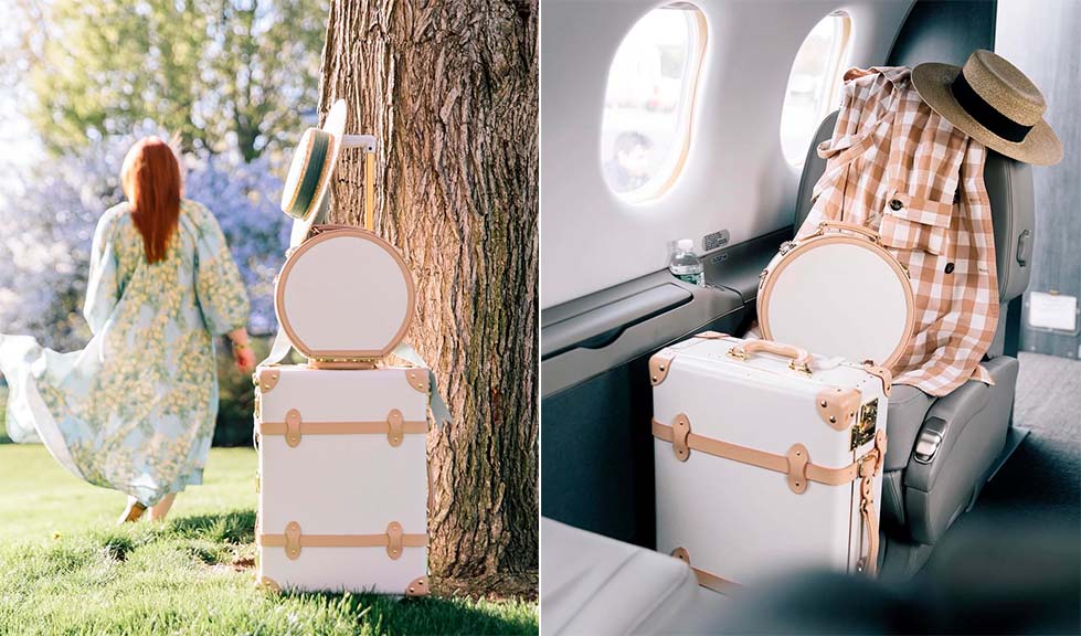 Montagem de fotos das malas sustentáveis de viagem da marca irlandesa SteamLine Luggage.