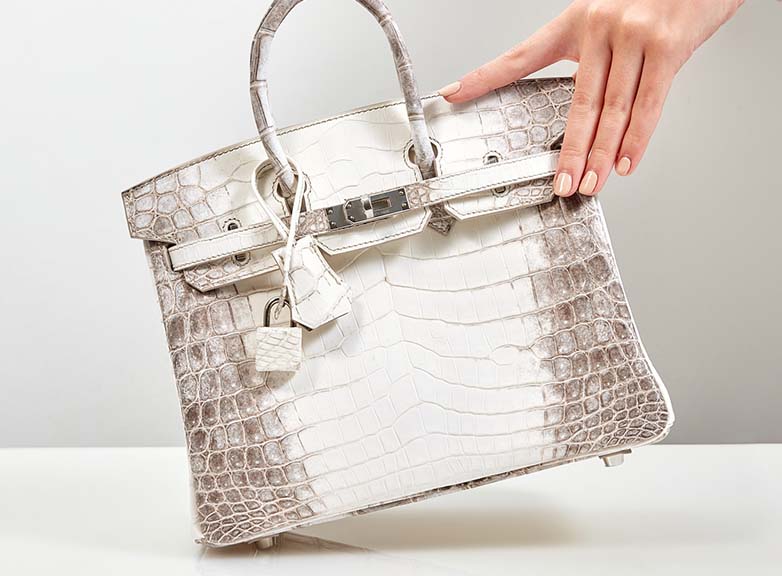 Foto da Bolsa Birkin Himalaya Crocodile que faz parte da coleção da maior dona de bolsas hermès do mundo.
