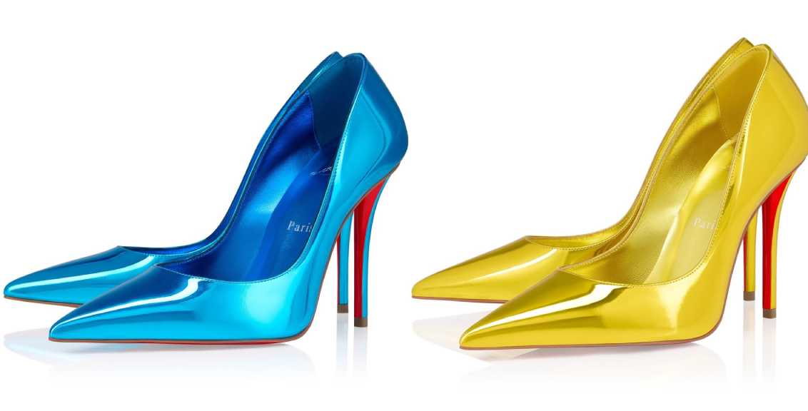 Montagem de fotos do novo sapato de Christian Louboutin com solado vermelho mais resistente.