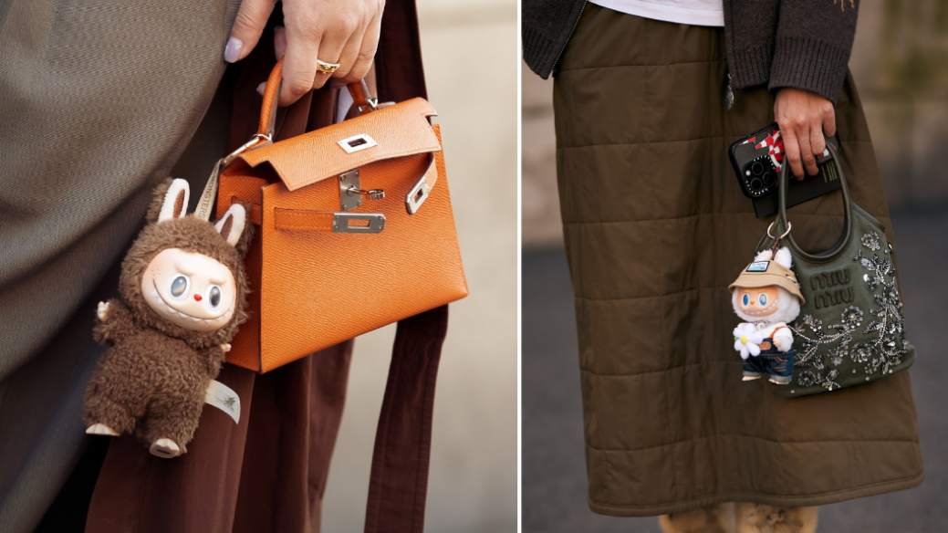 Montagem de ursinhos labubu pendurados nas bolsas de luxo da Hermès e da Miu Miu.