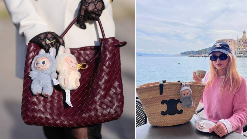Monatgem de fotos do bag charm, chaveiro, ursinho, Labubu pendurado nas bolsas de luxo da Bottega Veneta e da Celine.