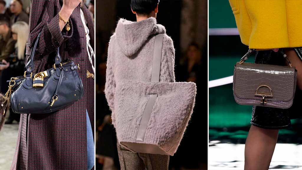 Montagem de fotos dos desfiles da Chloé, Victoria Beckham e Gucci que mostram que a cor cinza será uma das tendências para as bolsas em 2025.