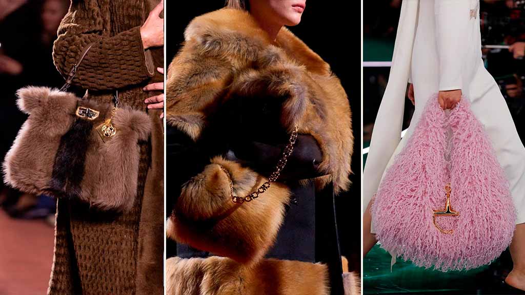 Montagem de fotos dos desfiles da Fendi, ferragamo e Gucci que mostram que a textura felpuda será uma das tendências para as bolsas em 2025.