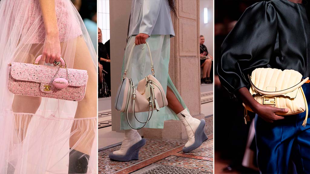 Montagem de fotos dos desfiles da Chanel, Louis Vuitton e Fendi que mostram que tons pastel será uma das tendências para as bolsas em 2025.