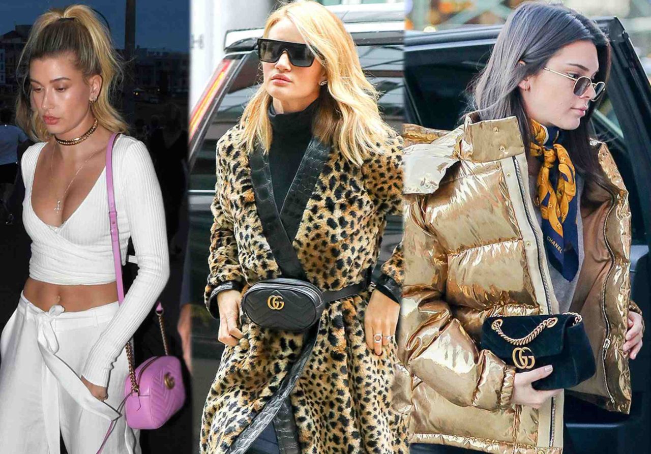 Montagem de fotos de Hayle Bieber, Rosie Huntington-Whitely e  Kendall Jenner usando a Bolsa Gucci Marmont.