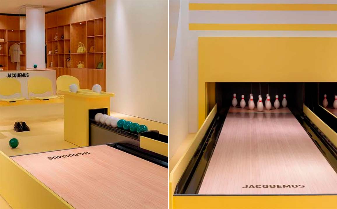Montagem da pop-up da marca Jacquemus com boliche.