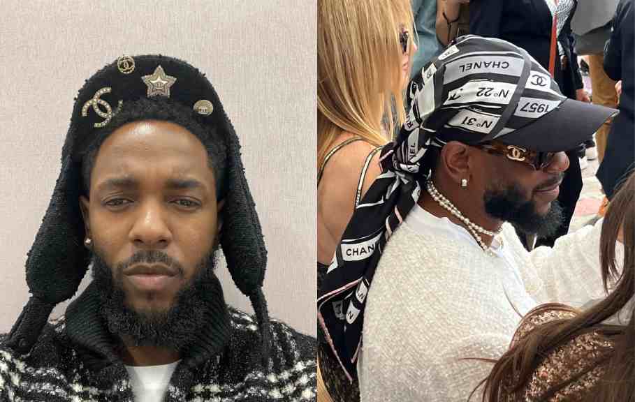Montagem de fotos de 
Kendrick Lamar, Embaixador da Chanel com acessórios e jaqueta de tweed da grife francesa. 