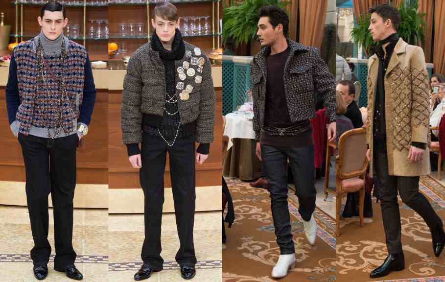 Montagem de fotos de desfile da Chanel com looks masculinos.