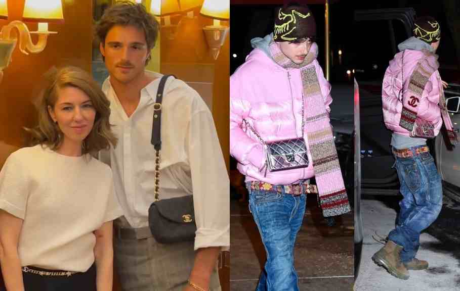 Montagem de fotos dos atores Jacob Elordi e Timothée Chalamet usando Chanel.