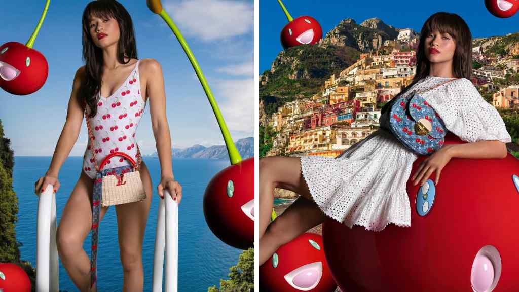 Montagem de fotos da Zenday vestindo a collab mais recente da  Louis Vuitton com o artista Takashi Murakami.
