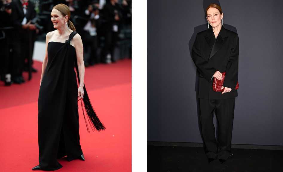 Montagem de fotos da atriz 
Julianne Moore com os priemrios looks Bottega Veneta por Louise Trotter no Festival de Cannes 2025. 
