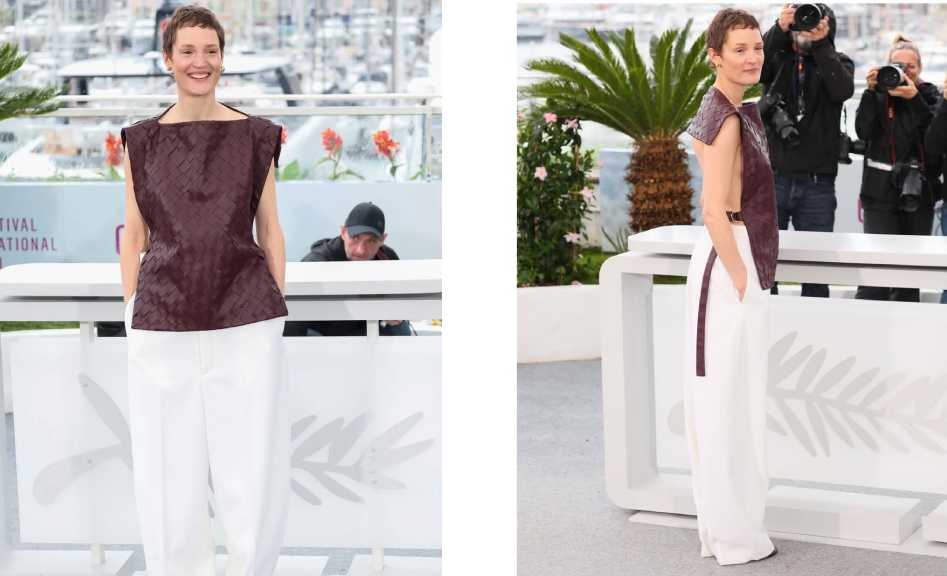 Montagem de fotos da atriz 
Vicky Krieps com criações de Louise Trotter, a nova estilista da Bottega Veneta no Festival de Cannes 2025.