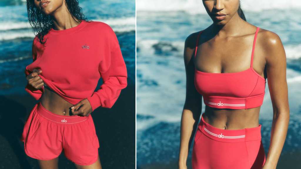 Montagem de fotos de Shorts e Legging de cintura alta Alo Yoga modelo Airlift em uso — activewear premium feminino A legging Airlift é o item mais vendido da Alo Yoga globalmente.