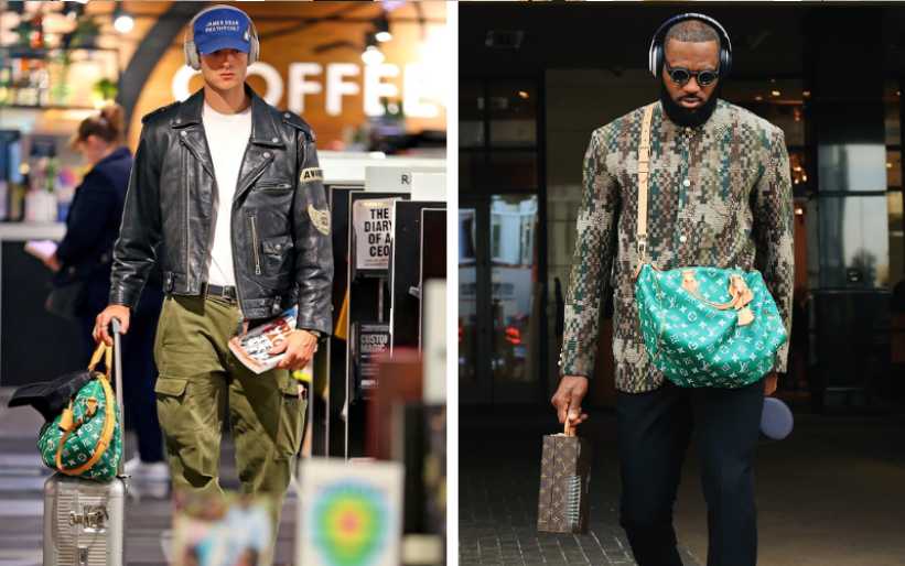 Montagem de fotos de Jacob Elordi e  Lebron James com a Bolsa LV P8.