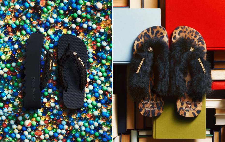 Montagem de fotos de chinelos da nova collab de 2025 da Dolce & Gabbana com a  Havaianas.