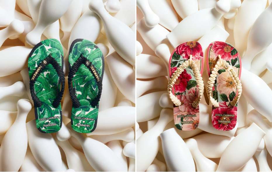 Montagem de fotos de chinelos da nova collab de 2025 da Dolce & Gabbana com a  Havaianas.