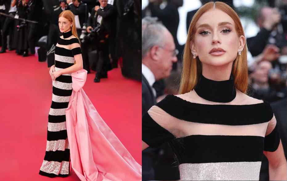 Montagem de fotos de Marina Rui Barbosa no Festival de Cannes 2025 com um vestido Tamara Ralph. A atriz  está entre as mais bem vstidas.