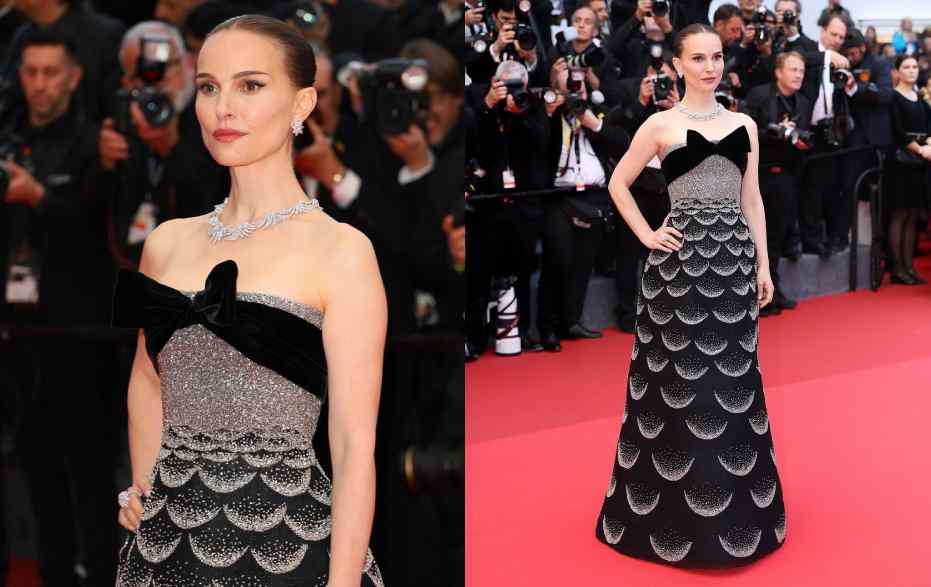 Montagem de fotos de 
Natalie Portman com Vestido Dior em Cannes 2025.