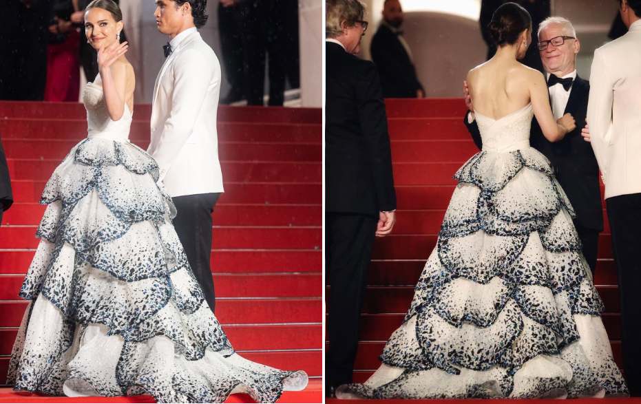 Fotos de Natalie Portman no Festival de Cannes 2023 com um Vestido Dior Volumoso o que provavelmente estaria proibído em 2025 segundo as novas regras