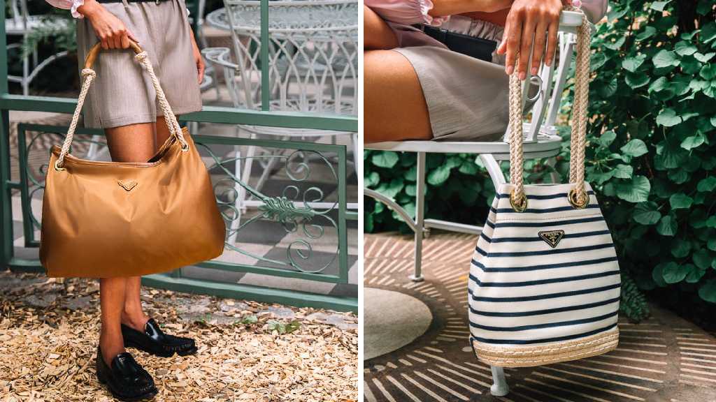 Montagem de fotos das Novas Bolsas Prada Mariner para 2025: versão shoulder bag em nylon e versão bucket bag com base estilo espadrilhe. 