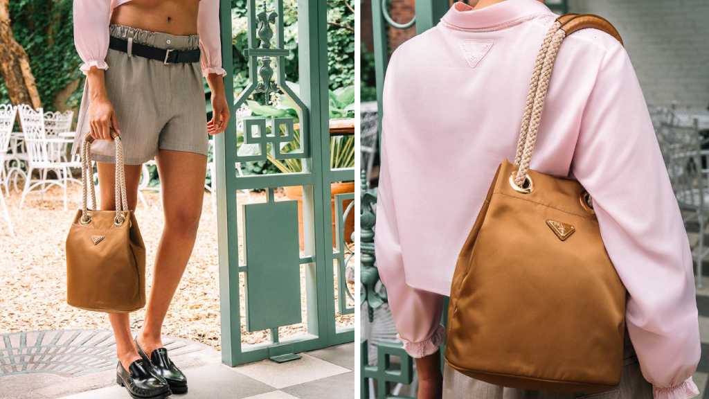 Montagem de duas fotos da  Nova Bolsa Prada Mariner:  modelo em nylon com twist náutico é tendência no verão europeu de 2025