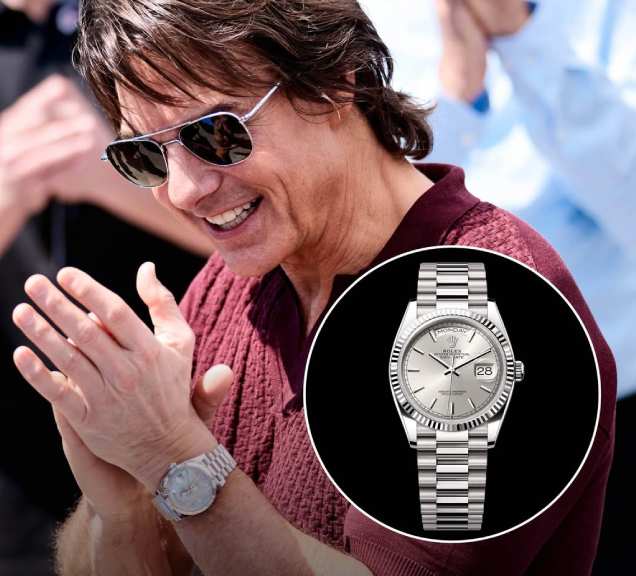 Foto de Tom Cruise com um Relógio Rolex Oyster Perpetual Day-Date 36 no Festival de Cannes 2025. 