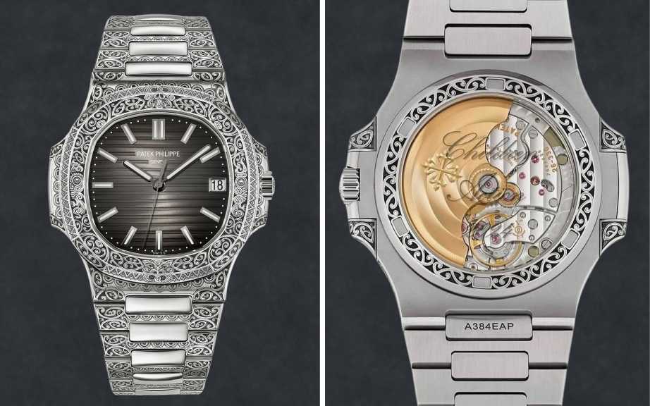 Montagem de fotos do 
Exemplar único do Relógio Patek Philippe Nautilus Ref. 5711/1500A em aço inoxidável, criado exclusivamente para o leilão beneficente da Children Action em Genebra.