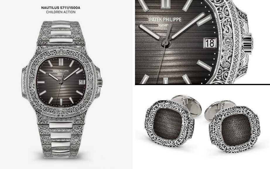 Montagem de fotos da Edição especial e única do Relógio Patek Philippe Nautilus que acompanha abotoaduras personalizadas. 