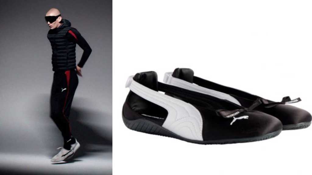 Montagem de fotos da Campanha Balenciaga e Puma ao lado da Ballerina, modelo resultado da collab entre as marcas. 